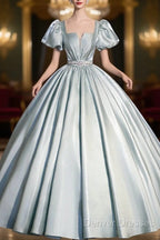 Cute Satin Floor Length Prom Dress, A-Line Short Sleeve Evening Party Dress
