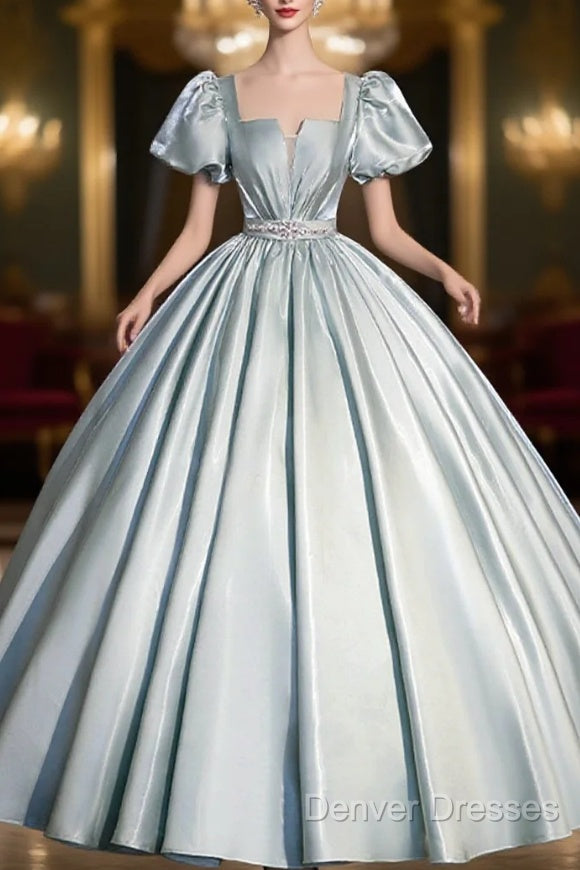 Cute Satin Floor Length Prom Dress, A-Line Short Sleeve Evening Party Dress
