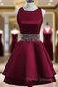 Cute Satin Knee Length Cross Back Beaded Party Dress, Homecoming Dress