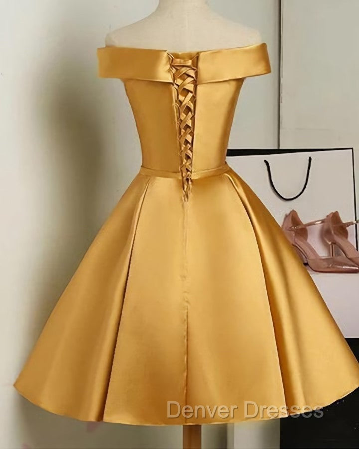 Cute Satin Knee Length Off Shoulder Homecoming Dress, Prom Dress Secondary image