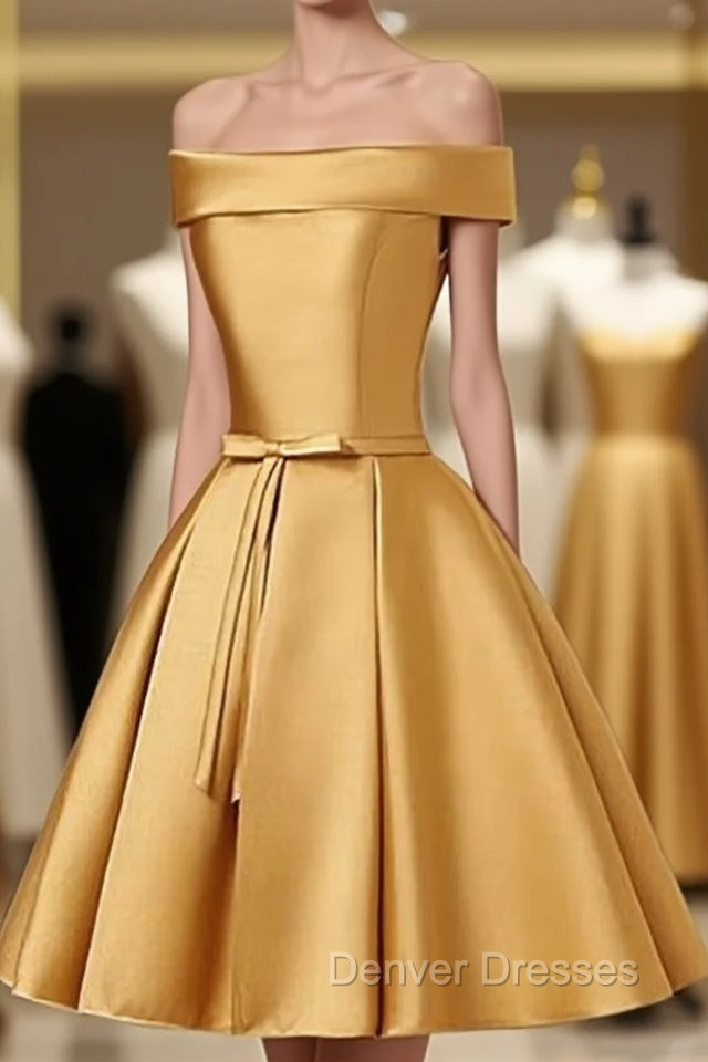 Cute Satin Knee Length Off Shoulder Homecoming Dress, Prom Dress Main image