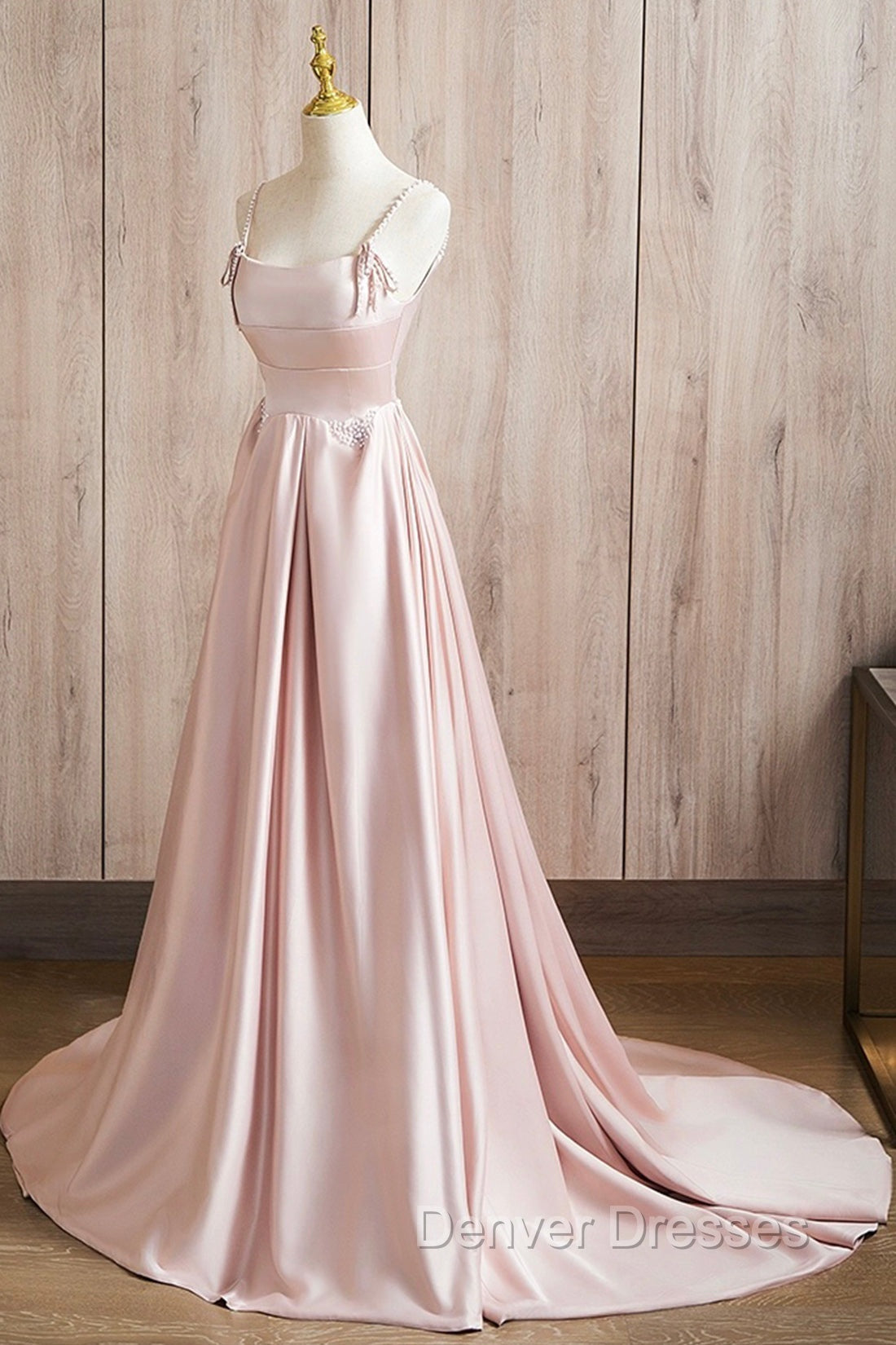 Cute Satin Long A-Line Pink Prom Dress, Spaghetti Straps Evening Dress Secondary image