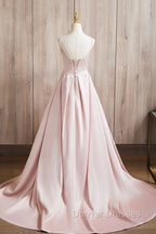 Cute Satin Long A-Line Pink Prom Dress, Spaghetti Straps Evening Dress
