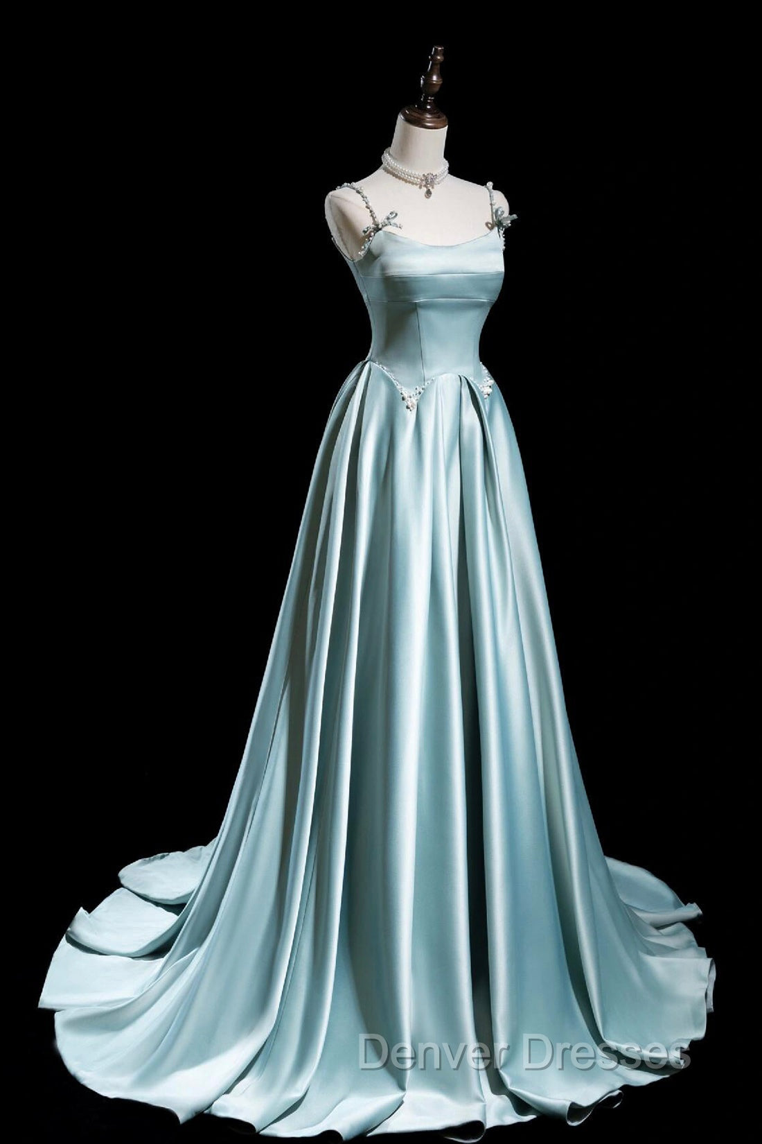 Cute Satin Long A-Line Prom Dress, Ice Blue Spaghetti Straps Evening Dress Secondary image