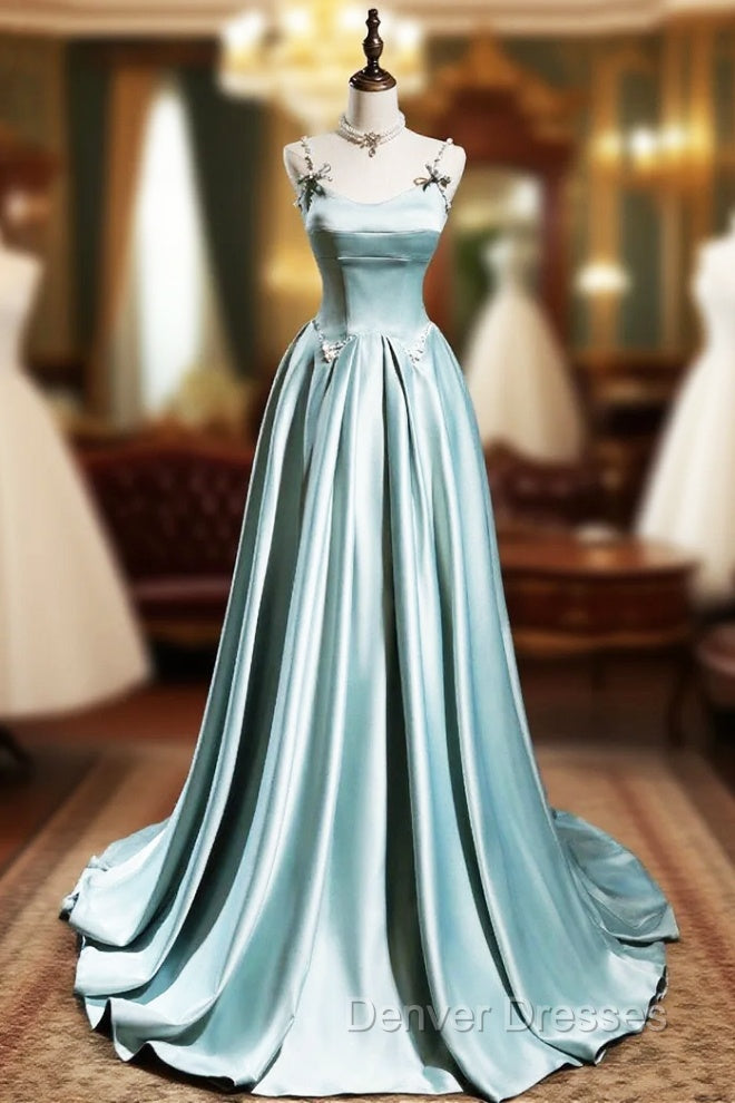 Cute Satin Long A-Line Prom Dress, Ice Blue Spaghetti Straps Evening Dress Main image