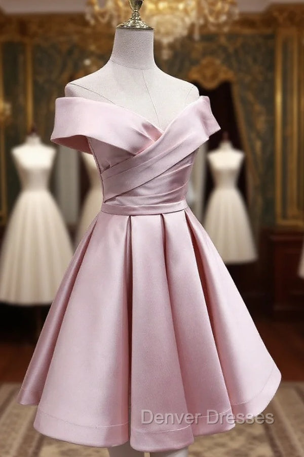 Cute Satin Pink Sweetheart Off Shoulder Knee Length Party Dress, Short Prom Dress Secondary image
