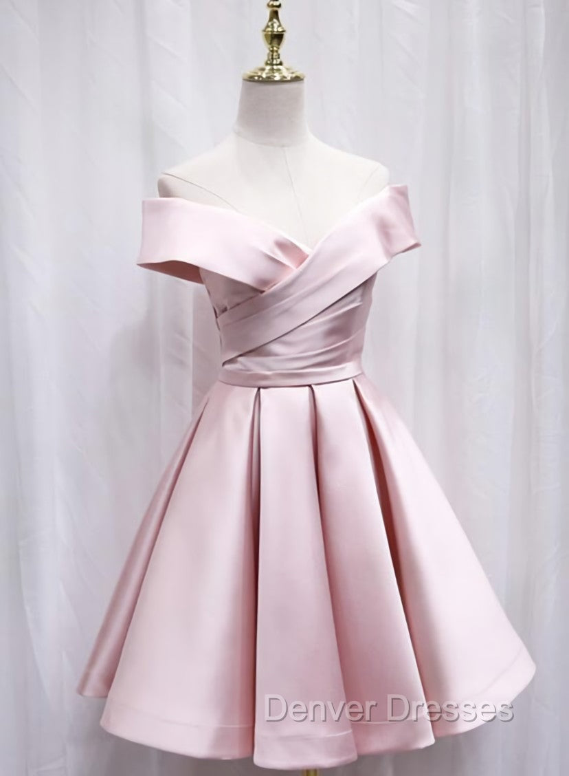 Cute Satin Pink Sweetheart Off Shoulder Knee Length Party Dress, Short Prom Dress Main image