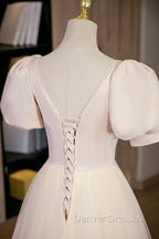 Cute Satin Tulle Long Prom Dress, A-Line Short Sleeve Evening Dress