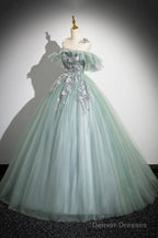 Cute Scoop Neckline Tulle Long Prom Dress With Lace, A-Line Off The Shoulder Evening Party Dress