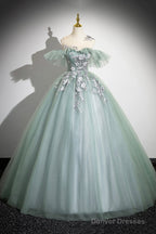 Cute Scoop Neckline Tulle Long Prom Dress With Lace, A-Line Off The Shoulder Evening Party Dress