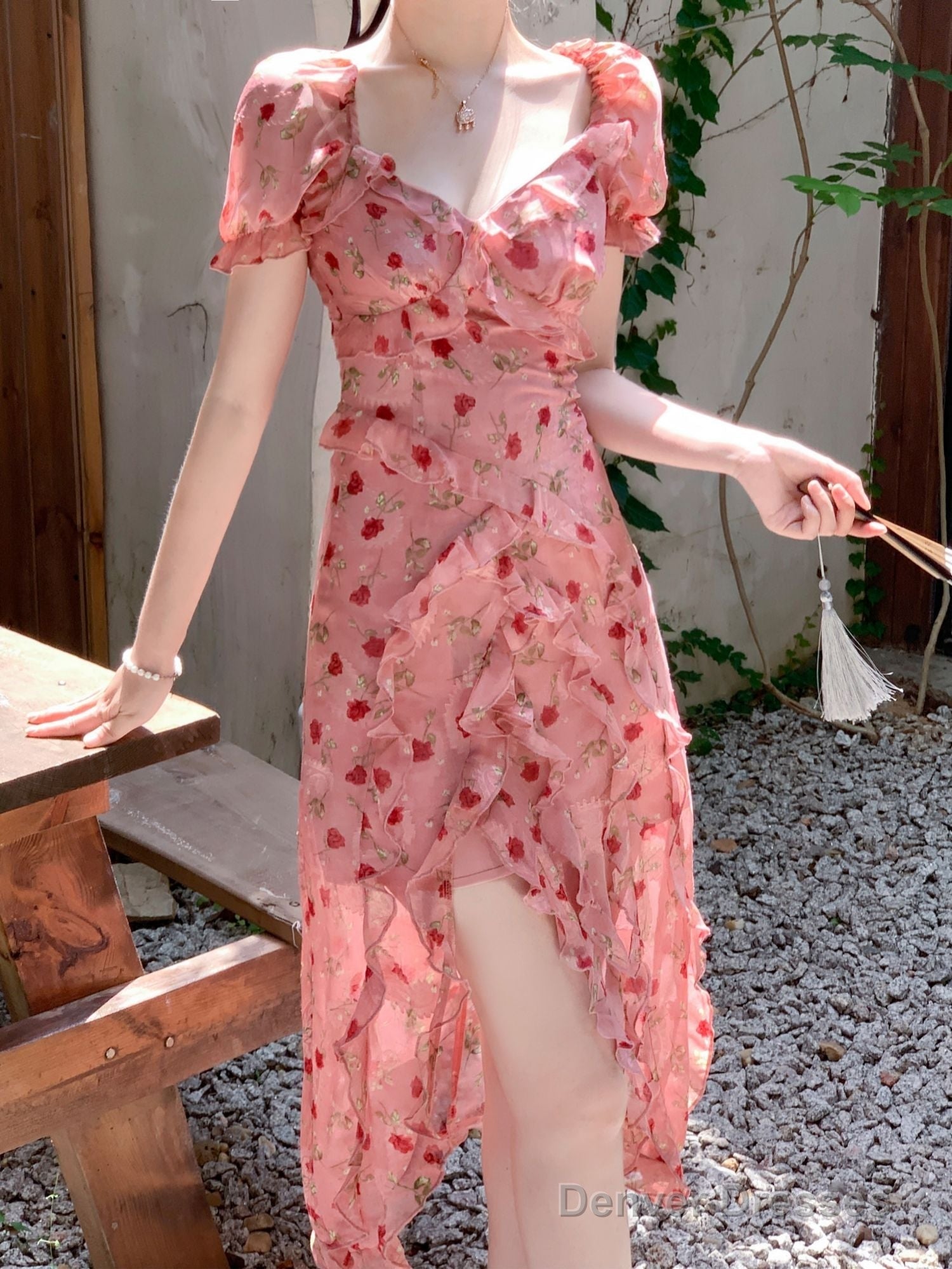 Cute Sheath V Neckline Ruffled Pink Chiffon Floral Beach Dress WomenS Vacation Dresses Secondary image