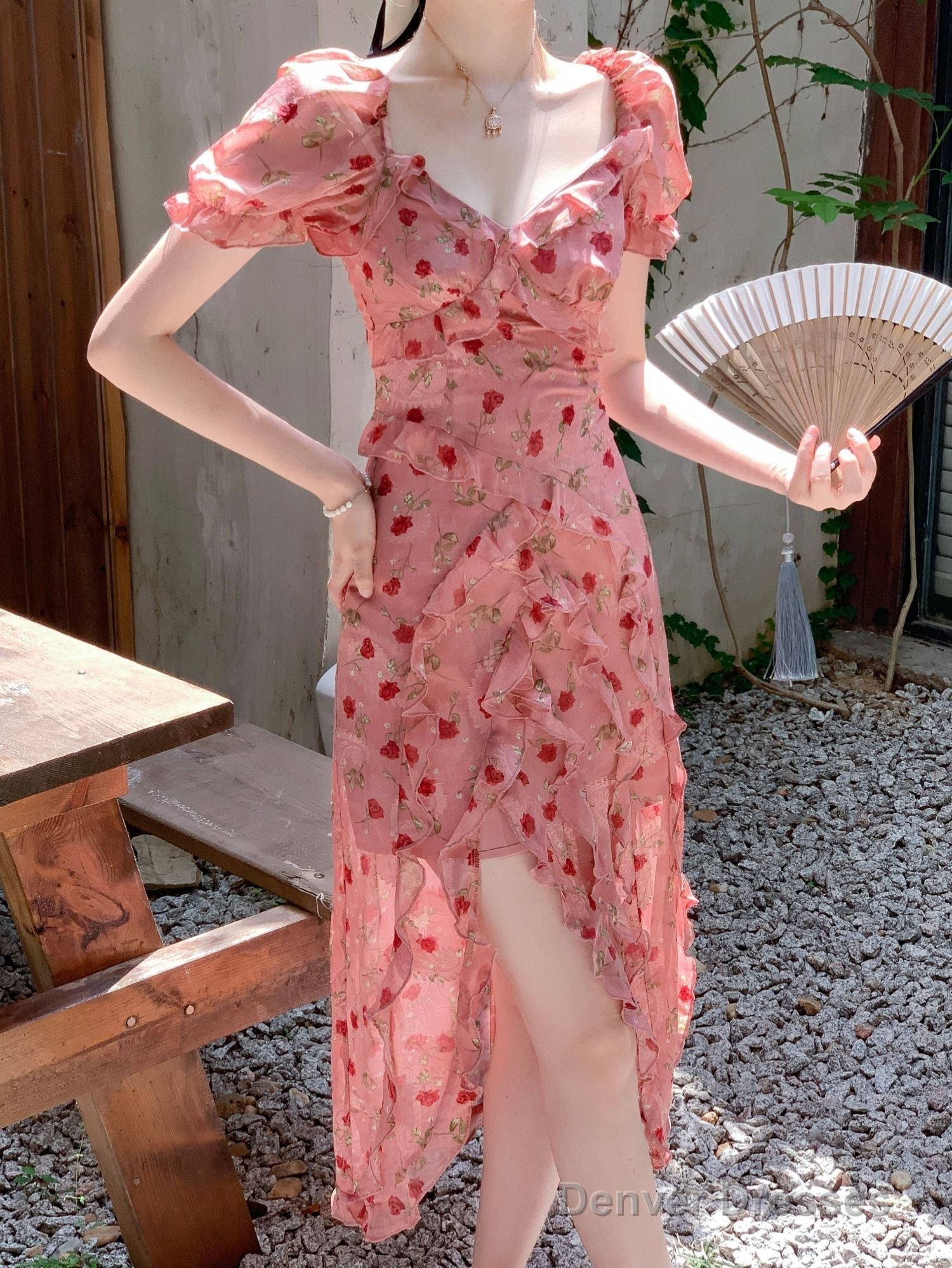 Cute Sheath V Neckline Ruffled Pink Chiffon Floral Beach Dress WomenS Vacation Dresses