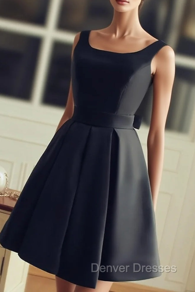 Cute Short Black Satin Knee Length Homecoming Dress, Black Party Dress
