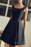 Cute Short Black Satin Knee Length Homecoming Dress, Black Party Dress