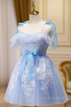 Cute Short Blue Lace Prom Dress, Short Blue Lace Formal Graduation Dress