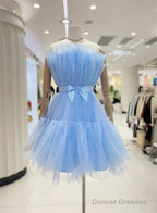 Cute Short Blue Tulle Party Dress With Bow, Lovely Formal Dresses Homecoming Dress