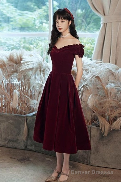Cute Short Burgundy Sweetheart Off Shoulder Tea Length Party Dress, Velvet Prom Dress Main image