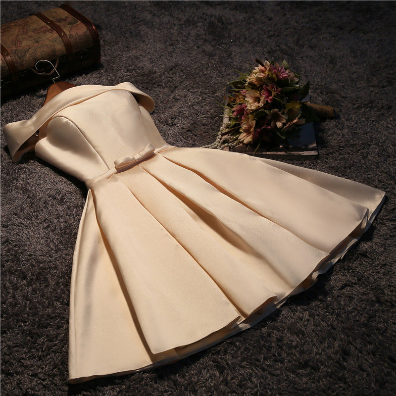 Cute Short Champagne Satin Party Dress,Off Shoulder Prom Dress Secondary image