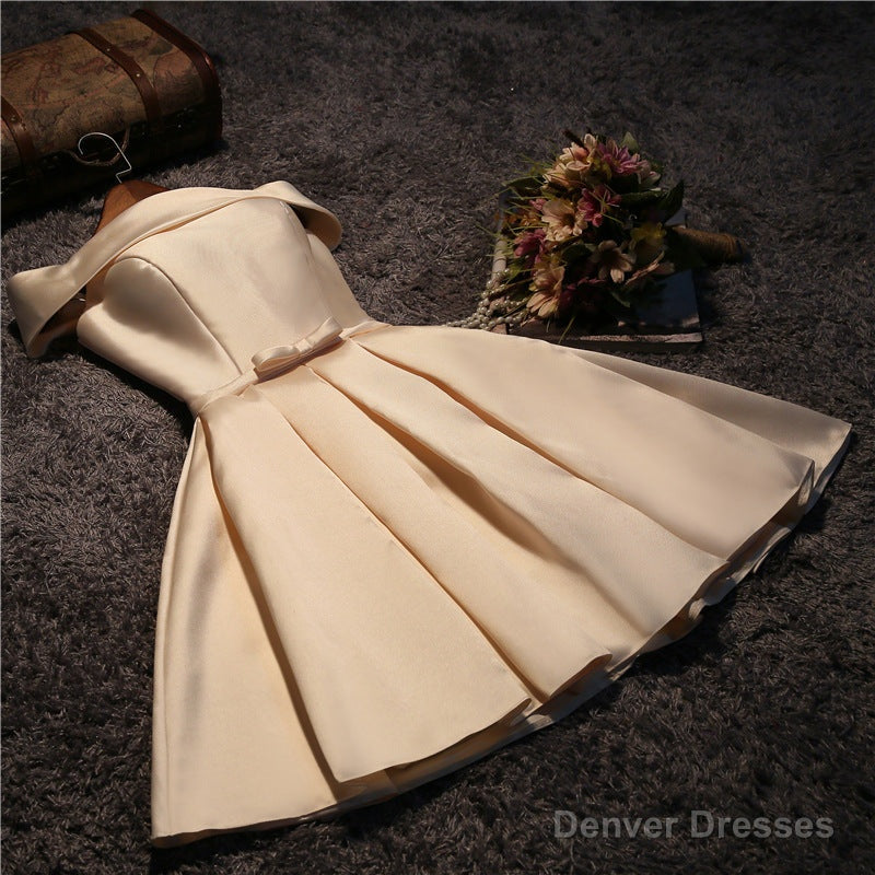 Cute Short Champagne Satin Party Dress,Off Shoulder Prom Dresses Main image