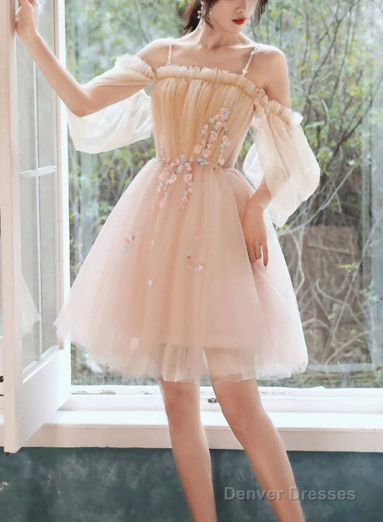 Cute Short Off Shoulder Tulle With Flowers Party Dress, Short Homecoming Dresses Main image