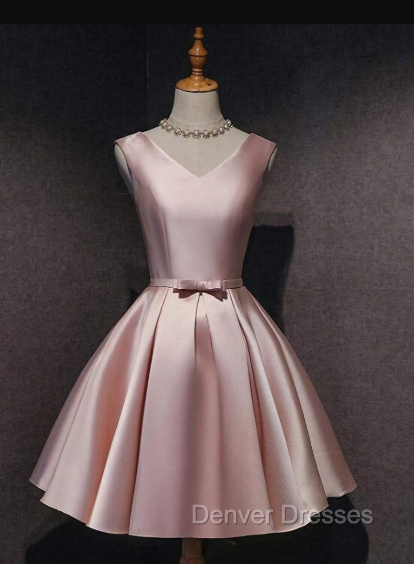 Cute Short Satin Pink V-neckline Knee Length Party Dress, Pink Prom Dress Homecoming Dress Secondary image