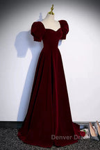Cute Short Sleeves Burgundy Long Prom Dress