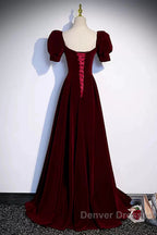 Cute Short Sleeves Burgundy Long Prom Dress