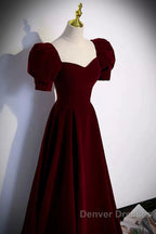 Cute Short Sleeves Burgundy Long Prom Dress
