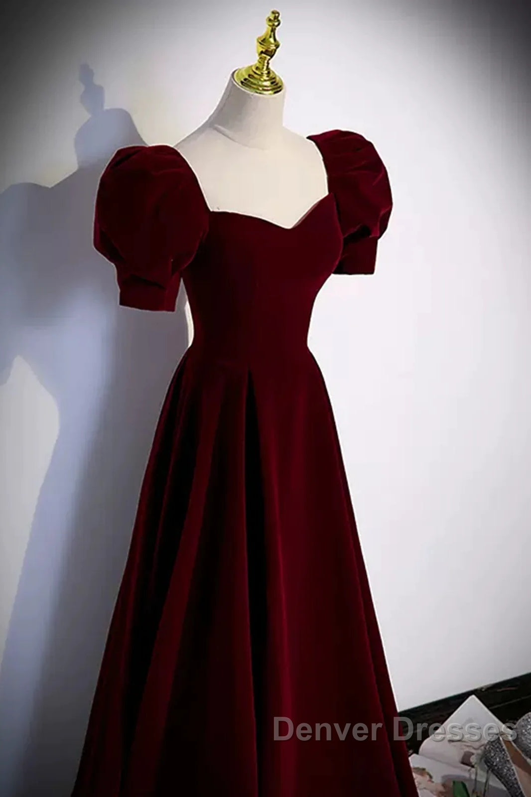 Cute Short Sleeves Burgundy Long Prom Dress