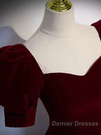 Cute Short Sleeves Burgundy Long Prom Dress