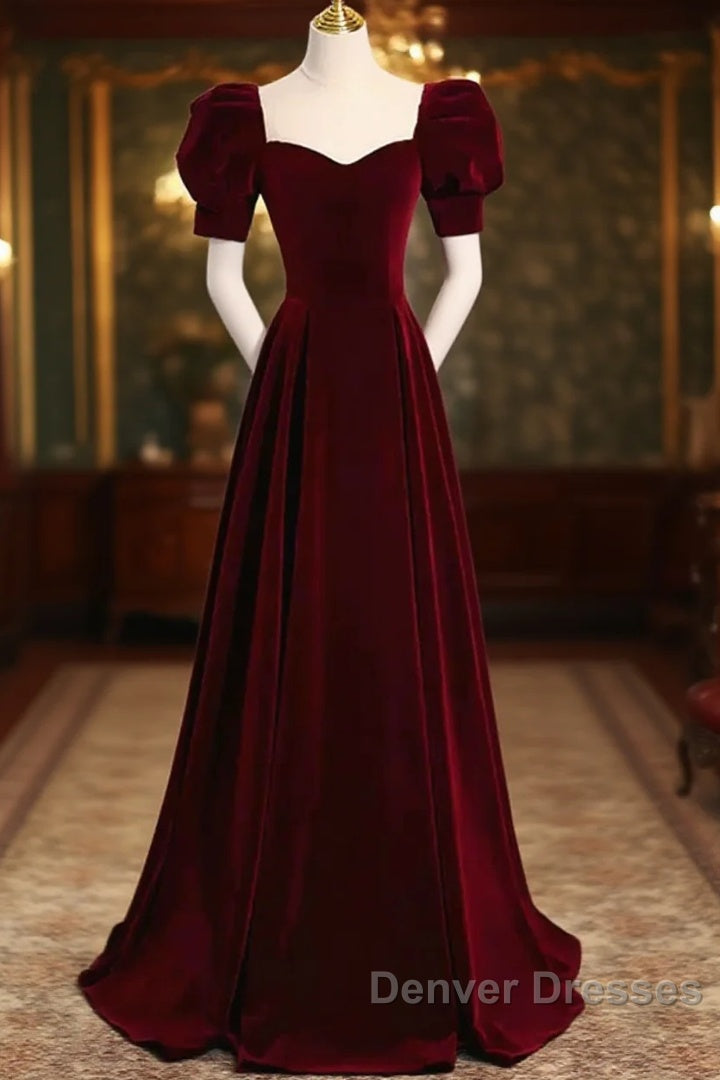 Cute Short Sleeves Burgundy Long Prom Dress