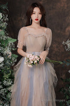 Cute Short Sleeves Layers Tulle Long Party Dress, A-Line Prom Dresses