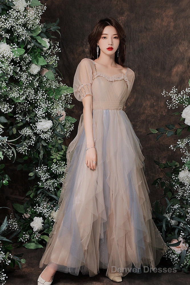 Cute Short Sleeves Layers Tulle Long Party Dress, A-Line Prom Dresses Main image