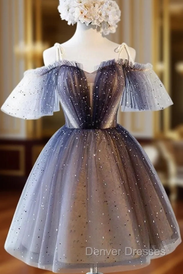 Cute Short Tulle Lace Spaghetti-Straps V-Neck Prom Dress, Homecoming Dress