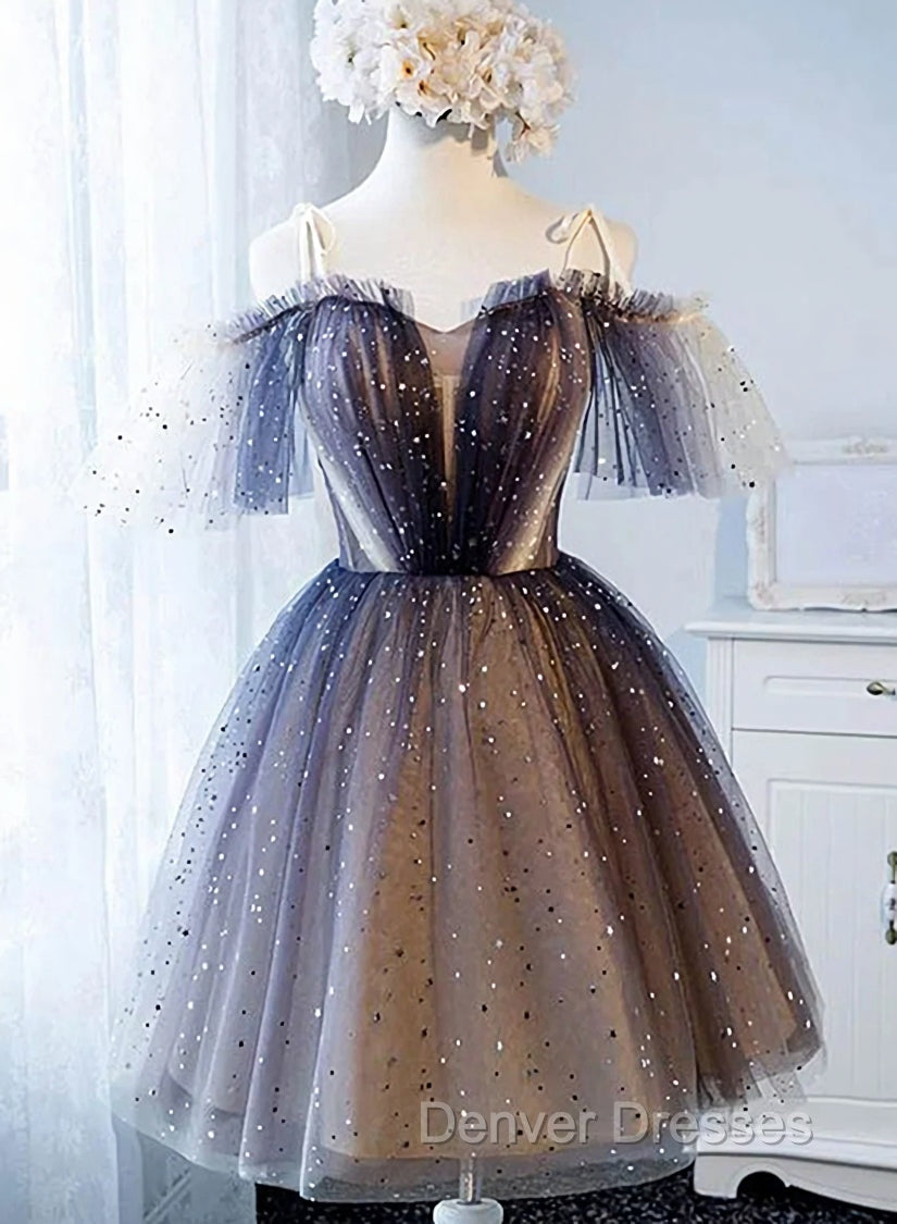 Cute Short Tulle Lace Spaghetti-Straps V-Neck Prom Dress, Homecoming Dress
