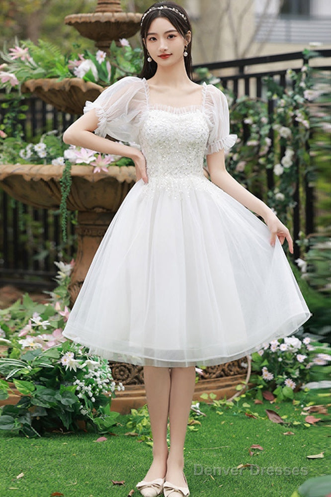 Cute Short Tulle Party Dress With Beadings, White Formal Dress Graduation Dress Secondary image