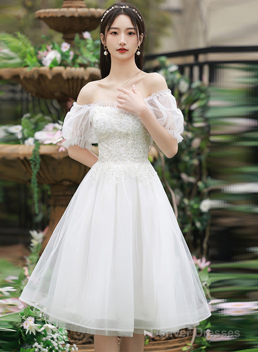 Cute Short Tulle Party Dress With Beadings, White Formal Dress Graduation Dress Main image