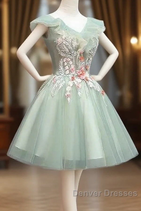 Cute Short Tulle V-Neckline With Flower Lace Party Dress Homecoming Dress, Short Formal Dress Main image