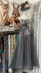 Cute Silver Grey A-Line Spaghetti Straps Tulle Satin Long Prom Dress Gorgeous Birthday Dress Evening Dress