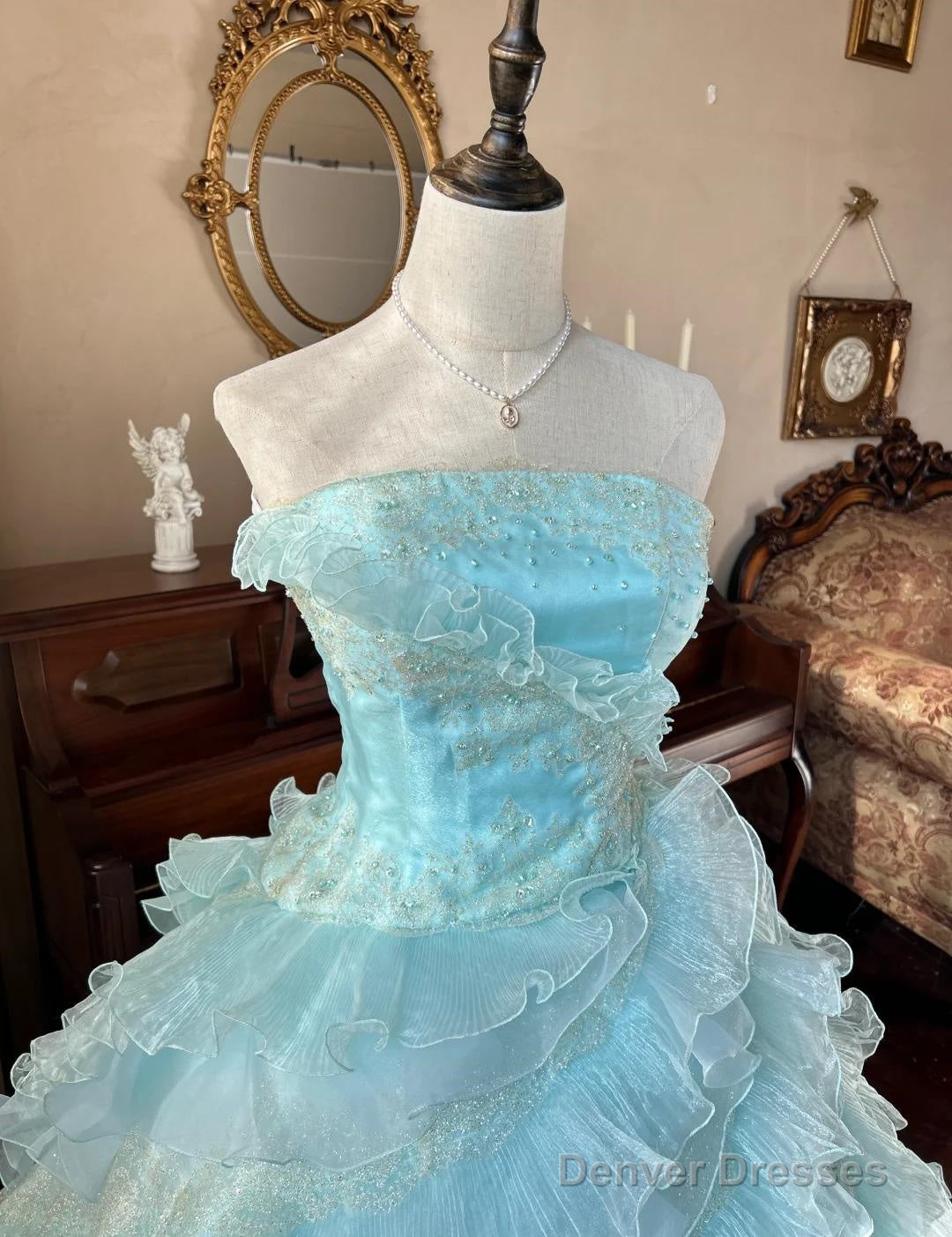Cute Sky Blue A-Line Strapless Tulle Beaded Long Prom Dress Sequined Layered Adult Ceremony Dress Secondary image