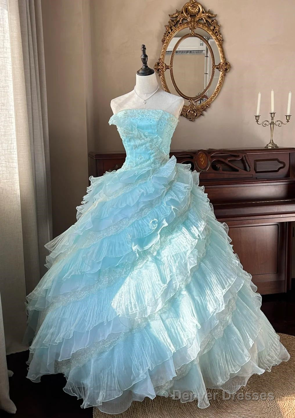 Cute Sky Blue A-Line Strapless Tulle Beaded Long Prom Dress Sequined Layered Adult Ceremony Dress Main image