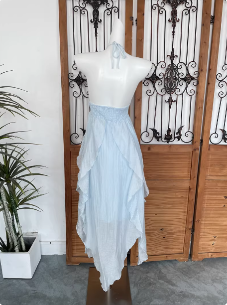 Cute Sky Blue Halter Neck Ruched Ruffled Chiffon Long Prom Dress Evening Dress