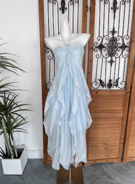 Cute Sky Blue Halter Neck Ruched Ruffled Chiffon Long Prom Dress Evening Dress