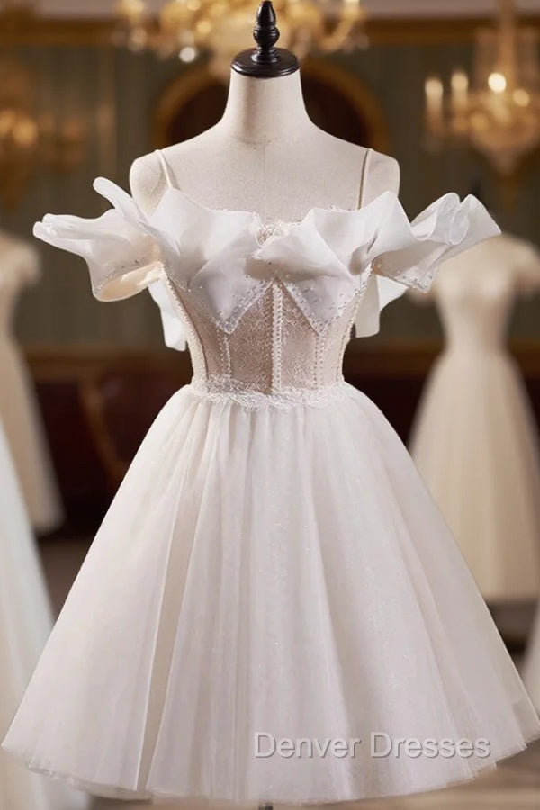 Cute Spaghetti Strap Tulle Lace Homecoming Dress, Off Shoulder Short Prom Dress Main image