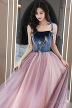 Cute Spaghetti Strap Tulle Long Prom Dress, A-Line Evening Party Dress