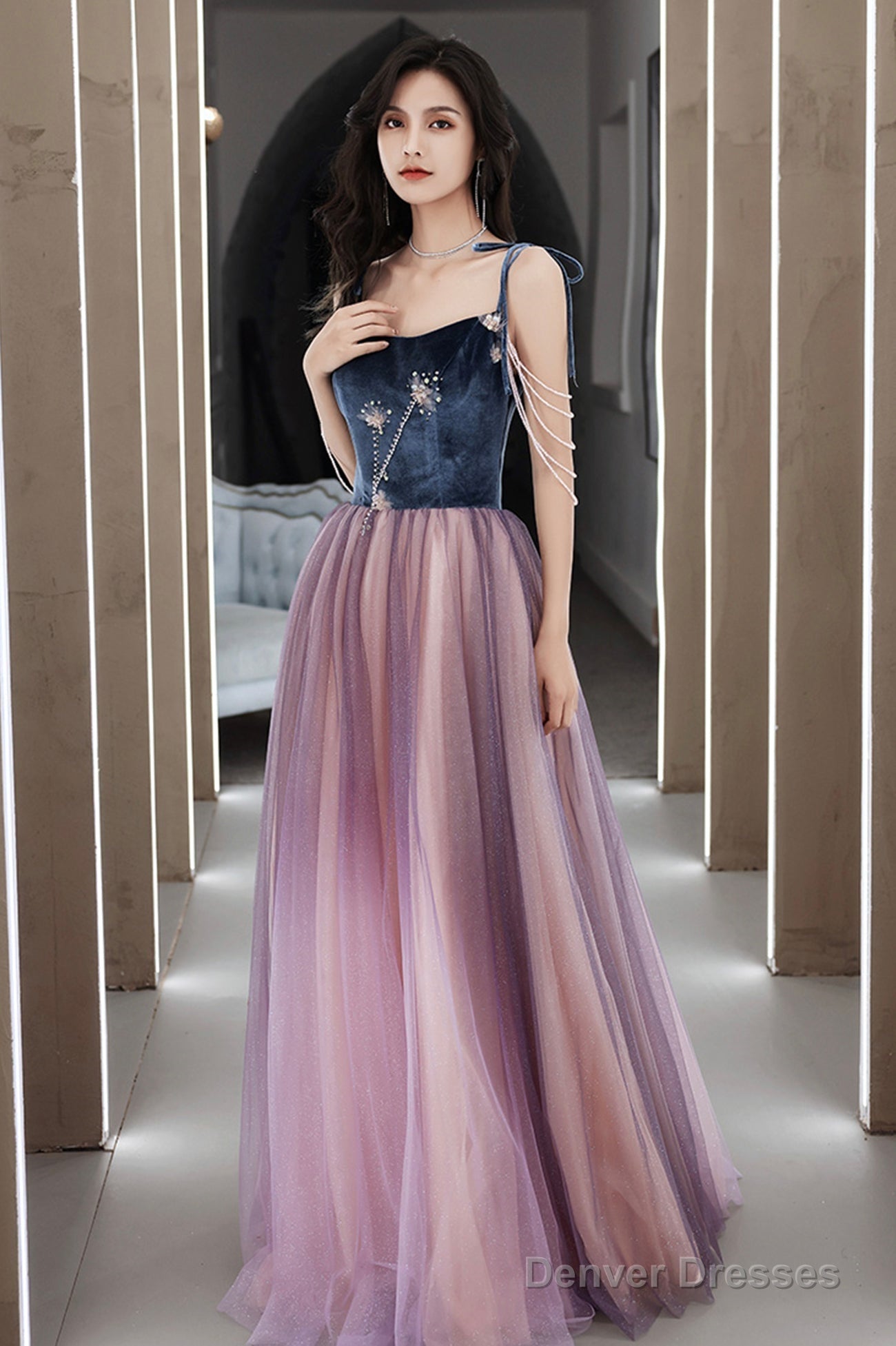 Cute Spaghetti Strap Tulle Long Prom Dress, A-Line Evening Party Dress Main image