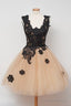 Cute Square Knee-Length Homecoming Dress With Black Lace Appliques