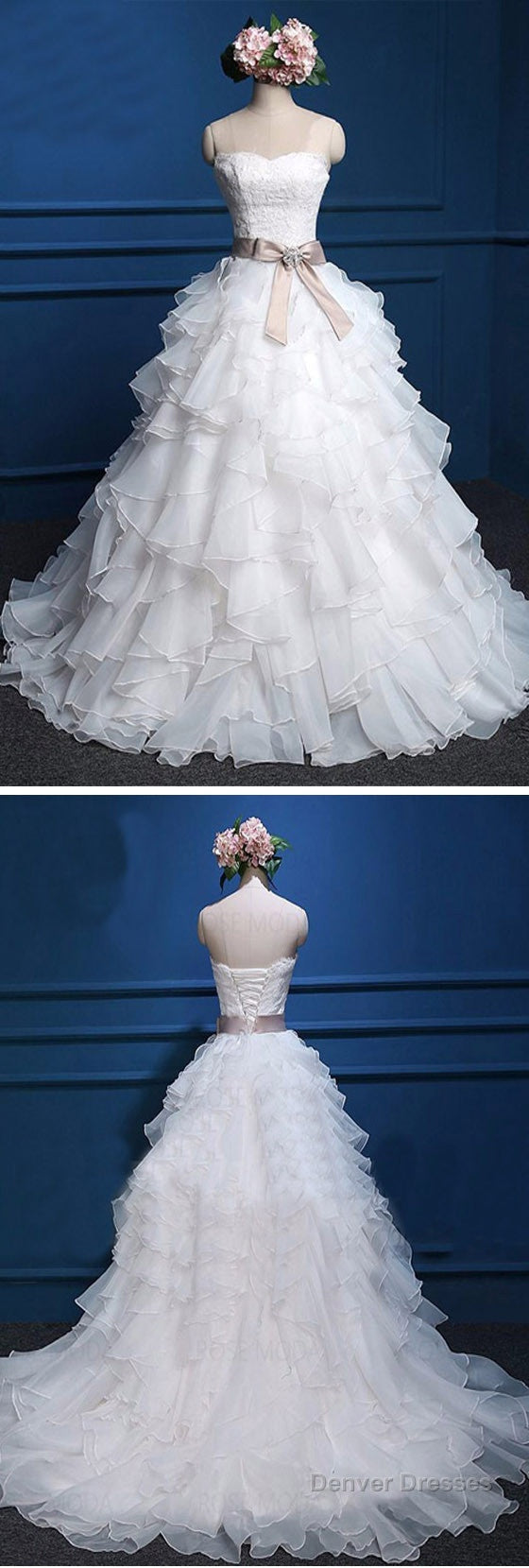 Cute Sweetheart Strapless Lace Up Back Chiffon Ruffles Satin Sash  Ball Gown Wedding Dress, Secondary image