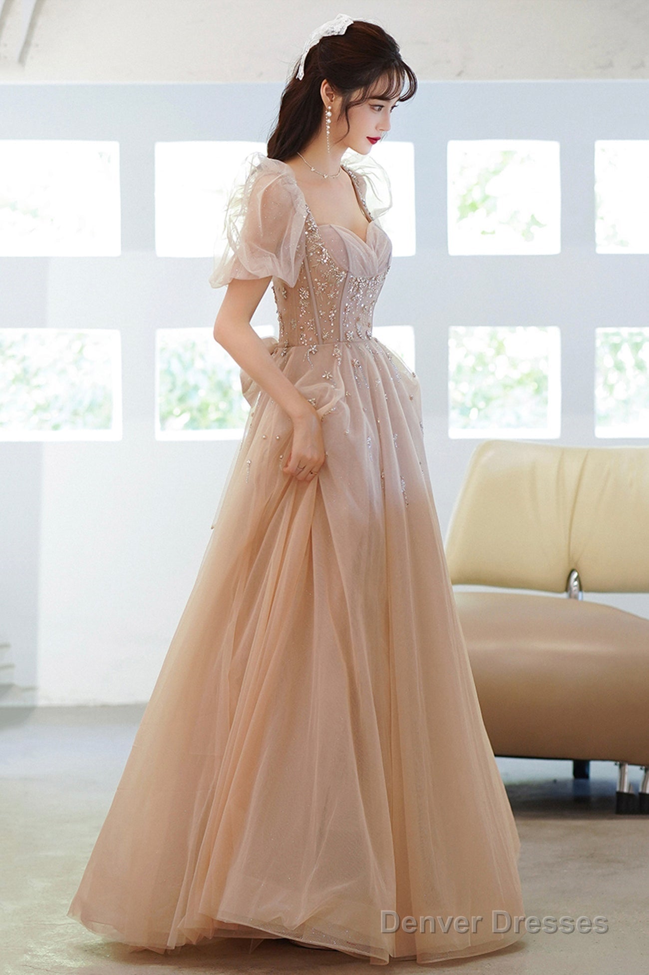 Cute Tulle Beaded Long Prom Dress, A-Line Short Sleeve Evening Dress With Bow Secondary image