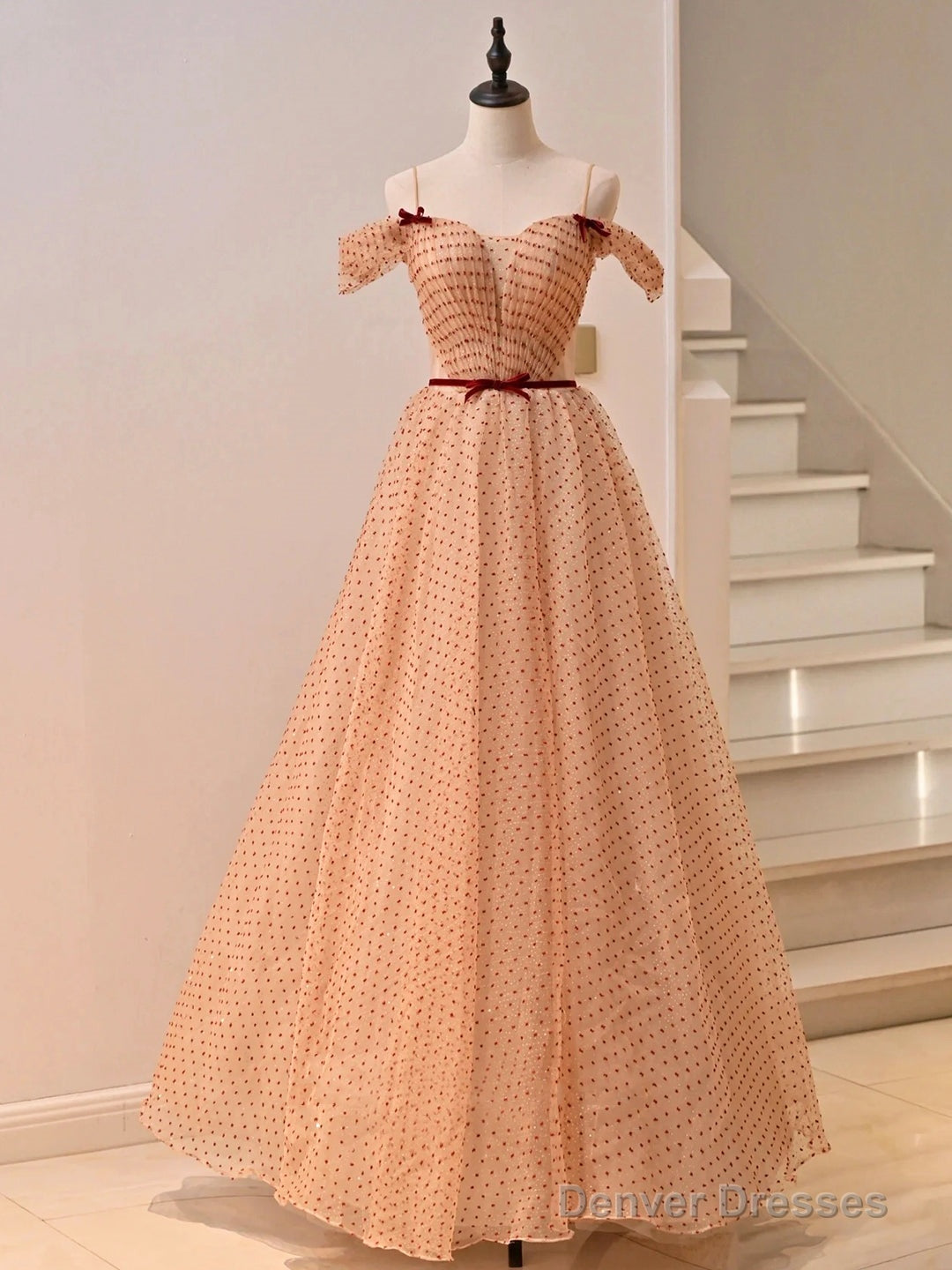 Cute Tulle Floor Length Prom Dress, Off The Shoulder Evening Party Dress Main image